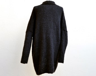 Black wool coat, hand knitted, oversized, alpaca