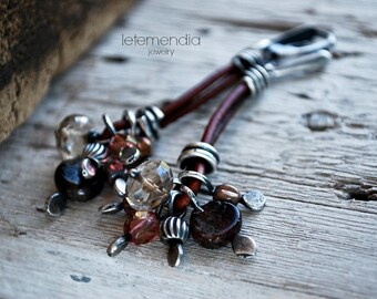 Gemstone Cluster Earrings Fall Colors Leather and Sterling Silver by Letemendia Jewelry Handmade Earrings