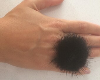 Black furry ring, Mink pompom ring, Mink finger ring with genuine leather.Real fur ring