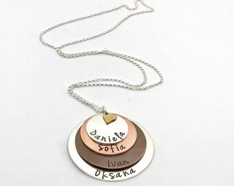 Mixed Metal Kids Name Necklace - Hand Stamped Mother's necklace - Personalized Mommy Jewelry - Unique Family Necklace - Personalized