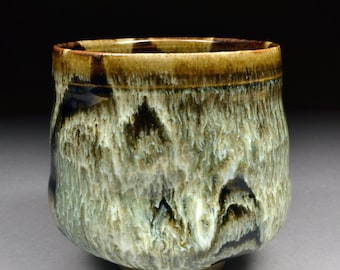 Handmade Tenmoku and Nuka Glazed Yunomi Tea Cup with Unique One of a Kind Glaze finish.