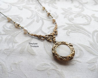 Antique Mother of Pearl Button Necklace, Ivory, Off-White, Antique Brass Ox, Freshwater Pearls