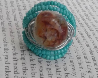 Herringbone Agate Beaded Ring, Wirewrapped Beadwork Jewelry, Big Bold Multistone Ring