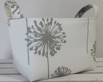 Fabric Organizer Storage Container Bin Basket Diaper Caddy Nursery Decor - Gray Grey Dandelions on White
