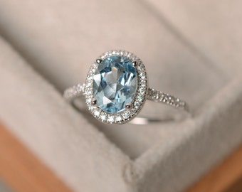 March birthstone aquamarine ring, sterling silver, halo ring gemstone, engagement ring