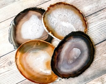 Large Natural Agate Coasters Natural Geode Coasters Set of Four - Earth Tone Brown Agate Slice Crystal Coasters Rock Coasters Stone Coasters