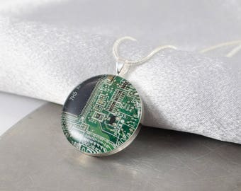 Circuit Board Necklace Green, Recycled Computer Circuit Board Jewelry, Geeky Necklace, Wearable Technology, Engineer Gift for Her, Geekery