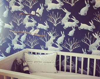 Winter rabbits wallpaper, Animal wall mural for kids rooms and nurseries, Dark wall decal, Reusable, Removable #109