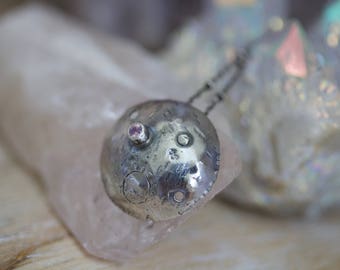 Pink Sapphire Necklace, Sterling Silver Moon Pendant, Celestial Necklace... La Luna... Full Moon edition...