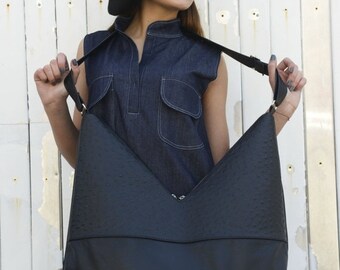 SALE Black Leather Bag / Shoulder Woman Bag / Zipper Bag / Triangle Bag / Asymmetrical Large Bag by METAMORPHOZA