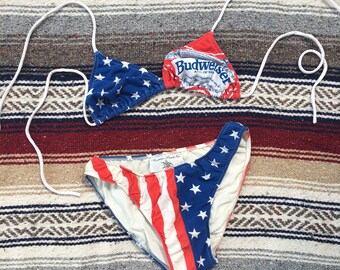 1980s Budweiser American Flag Bikini - Vintage 80s 90s Budweiser Swimsuit - Women's 11/12 Large Bathing Suit - High Cut Bikini - Bud Beer