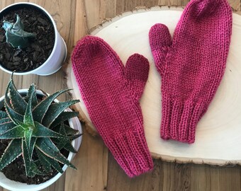 Raspberry Pink and Gray Mittens Stocking stuffer Christmas Gift Ready to Ship Hot Pink