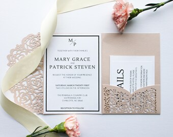 PRINTED Minimal Blush Wedding Invitations, Laser Cut Pocket Holder, Minimal Wedding Invite Suite, Spring Wedding, Summer Wedding