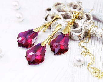 Ruby jewelry set, Ruby earrings, Swarovski earrings, Vintage earrings, Crystal earrings, Ruby pendant necklace Gold earrings Bridesmaid gift