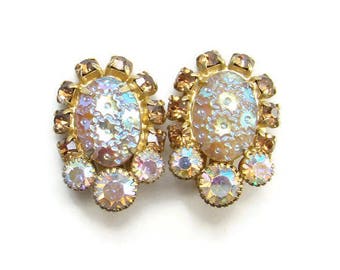 Juliana Pressed Dimple Glass and Topaz Rhinestone Clip Earrings DeLizza and Elster