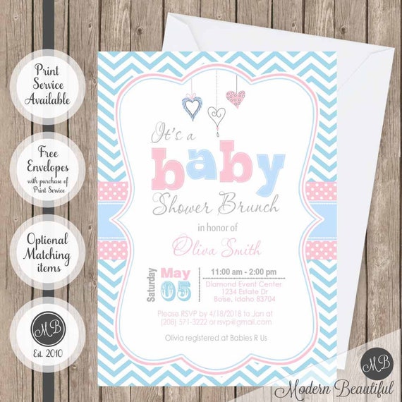 Baby blue and pink baby shower invitation chevron invitation