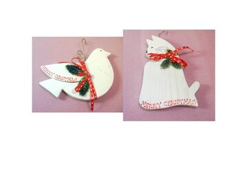 Vintage Wooden Painted White Cat and Dove Ornaments - Hand Crafted