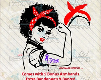 Rosie svg Ethnic ©Faith Rosie SVG Rosie the Riveter , BONUS 5 Armbands, + Bandanna and Bangs, Afro PinUp PNG, Cut File, Silhouette, Cricut,