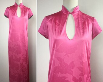 Hot Pink Nightgown, Asian Style Mandarin Collar, Keyhole Neckline, Flower Floral Print, Long Slinky Sexy Sleepwear, Vintage 70s Vanity Fair