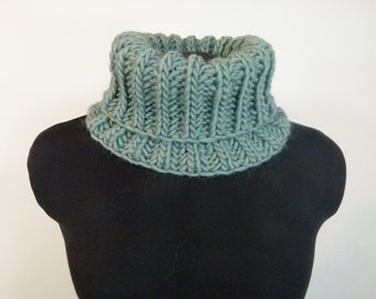 Chunky Hand Knit Cowl - Fisherman's Knit Neckwarmer in Khaki Blue - Item 1253