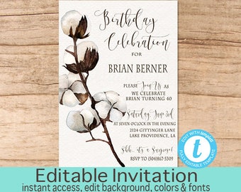 40th Birthday Invitation, Cotton Boll Invitation, Rustic Birthday Invitation, Fortieth Birthday, EDITABLE Invitation, Instant Download