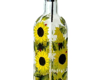 Hand Painted Glass Bottle Olive Oil Dispenser Sunflowers Ladybugs Hand Painted Glassware Painted Oil Vinegar Soap Dispensers Yellow Black
