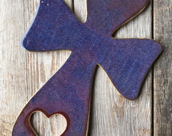 Wall Decor, Pottery Cross Wall Hanging, Christian Gift, Gifts for Women, Blue Cross, Gifts for Her, Gifts under 25, Cross with Heart