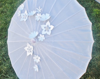 Silk wedding parasol with bling and flowers white, pink, lavender, light blue available 30" si
