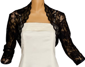 Ladies Black Lace 3/4 Sleeve Bolero Shrug Jacket Sizes 8-30