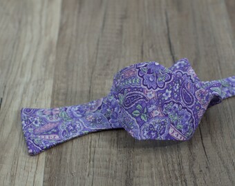 Handmade bow tie purple floral self tie freestyle colorful cotton bowtie