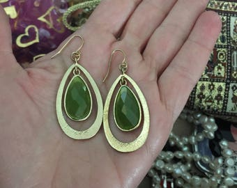 Lime Green Dangle Earrings, 1990s Gold and Green Earrings