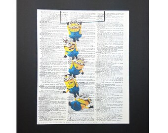 Hanging Minions on Vintage Dictionary Page Art Print, Wall Decor, Digital Manipulation with Sparks of Glitter,