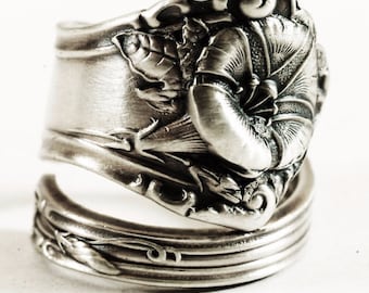 Morning Glory Ring, Sterling Silver Spoon Ring, Art Nouveau Ring Floral Ring, Chunky Flower Ring, Antique Alvin 1909, Adjustable Ring (6670)