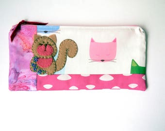 Zipper Pouch, 4.5x9.5" in white, pink, green, purple and blue cat print fabric with Handmade Felt Cat Embellishment, Kitten Zipper Pouch
