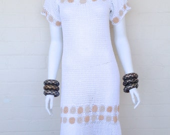 Vintage 60s 70s White Crochet Dress//Crochet Lace Hippie Boho Bohemian Fringed Dress