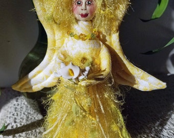 Sunny yellow fiber sculpted standing angel figurine with silk face, Swarovski crystal accents