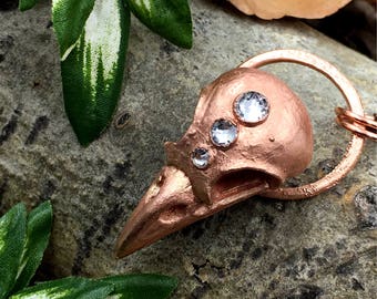 Copper Raven Necklace | Electroformed | Crow Skull Necklace | Bird Skull Pendant | Swarovski Crystal