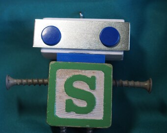 Mini Bot, letter "S", mixed media robot sculpture