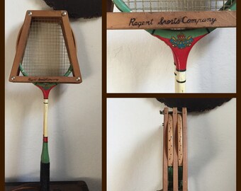 Pair Of Vintage Wood Badminton Raquets With Vintage Press Frame ~ Very Retro Looking ~ Great For Wall Display ~ Regent Sports Company