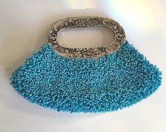 Silver & Turquoise Beaded Bag Formal Evening Bag Beaded Purse 80s