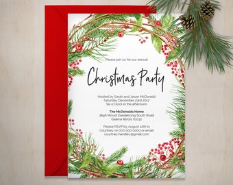 Printable Christmas Invitation Template, Christmas Wreath Invite Template, Instant download, WLP534