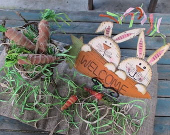 Spring Welcome Centerpiece Easter Bunny Centerpiece Carrot Centerpiece Wheelbarrow Centerpiece Spring Table Decor Welcome Table Decor