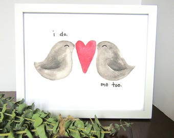 Love Birds with Heart Watercolor Print - Home Decor - Wedding Gift - Anniversary Gift - Wall Art - Gift for Her - Gift for Her