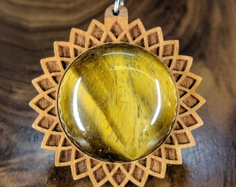 Torus Flower 30mm Gemstone Hardwood Pendant - Crystal Gem Custom Sacred Geometry Laser Cut Natural Wood Wooden Cabochon