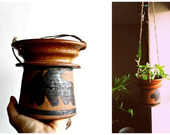 Vintage Pottery Hanging Planter, 1970's Pottery Plant Pot, Boho Decor, Small Pottery Planter, Rustic Studio Pottery Planter
