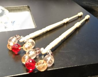 Pair of vintage lace bobbins, turned wooden handles, hand beaded, vintage lace work