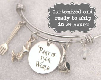 Little Mermaid Engraved - Part of Your World Bracelet DISNEY Inspired, Ariel,Dinglehopper, Custom Name Charm Bracelet, Adjustable Bangle