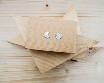 Moon Phase Earrings. Sterling Silver Full Moon. Crescent Moon Jewelry. Celestial Studs. Simple Dainty Jewelry.