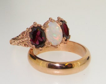 Bridal Ring Sets, 9K Rose Gold Natural Colorful Opal & Rhodalite Garnet Engagement Ring with Wedding Band Set, English Vintage Design Ring