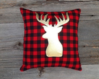 Deer Pillow Cover, Deer Antler Pillow Cover, Christmas Pillow, Christmas Decoration Under 25, Holiday Decoration, Plaid Decor,Buck Pillow